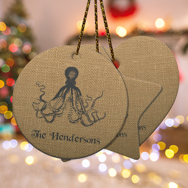 Custom Octopus & Burlap Print Ceramic Ornament w/ Name or Text