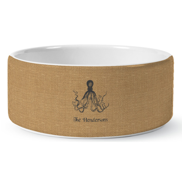 Custom Octopus & Burlap Print Ceramic Dog Bowl - Large (Personalized)
