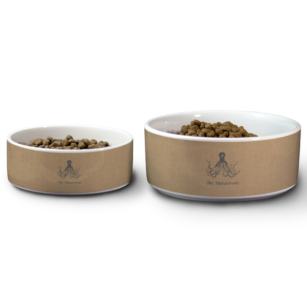 Octopus & Burlap Print Ceramic Dog Bowls - Size Comparison