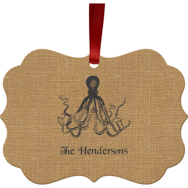 Custom Octopus & Burlap Print Metal Frame Ornament - Double Sided w/ Name or Text