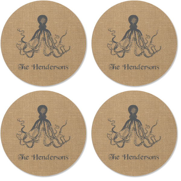 Octopus & Burlap Print Coaster Round Rubber Back - Apvl