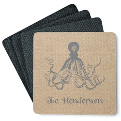 Octopus & Burlap Print Square Rubber Backed Coasters - Set of 4 (Personalized)