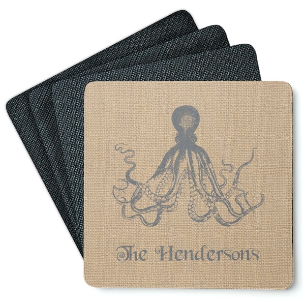 Custom Octopus & Burlap Print Square Rubber Backed Coasters - Set of 4 (Personalized)