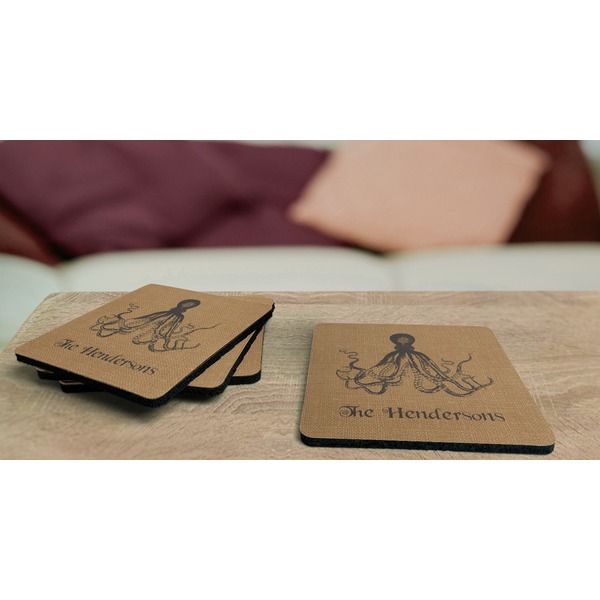 Octopus & Burlap Print Coaster Rubber Back - On Coffee Table