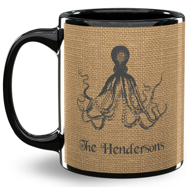Custom Octopus & Burlap Print 11 Oz Coffee Mug - Black (Personalized)