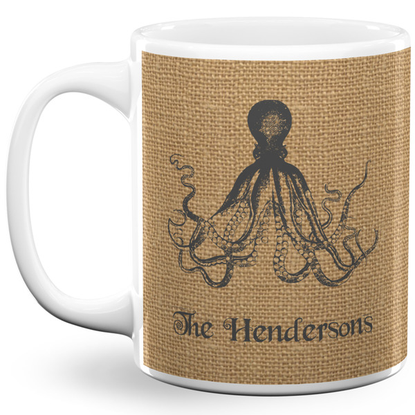 Custom Octopus & Burlap Print 11 Oz Coffee Mug - White (Personalized)