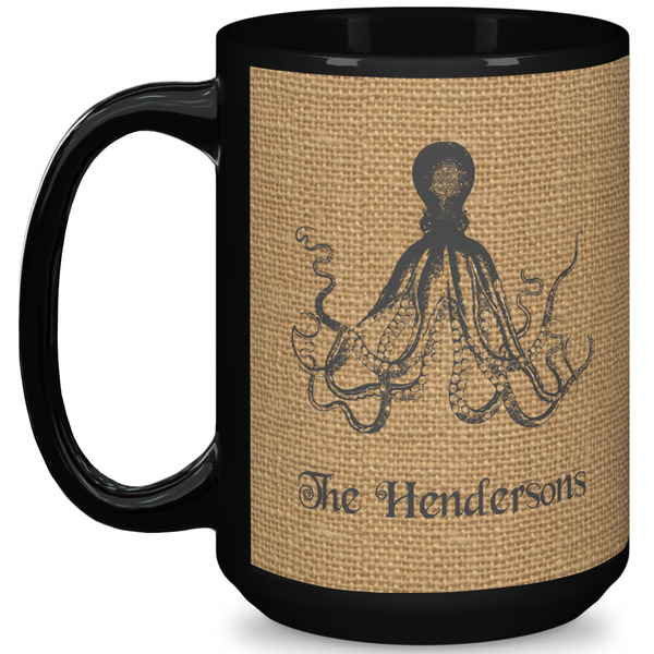 Custom Octopus & Burlap Print 15 Oz Coffee Mug - Black (Personalized)