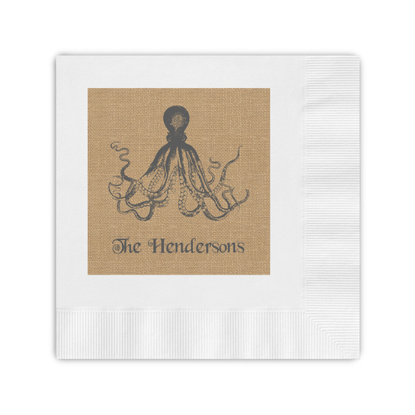 Custom Octopus & Burlap Print Coined Cocktail Napkins (Personalized)