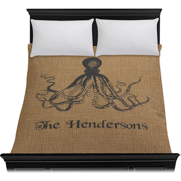 Octopus & Burlap Print Duvet Cover - Queen - On Bed - No Prop