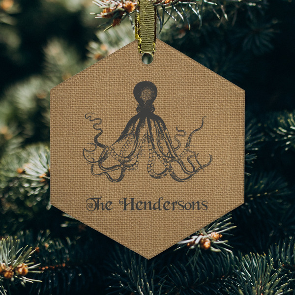 Octopus & Burlap Print Frosted Glass Ornament - Hexagon (Lifestyle)