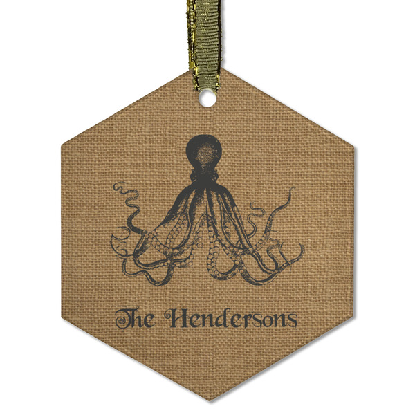 Custom Octopus & Burlap Print Flat Glass Ornament - Hexagon w/ Name or Text