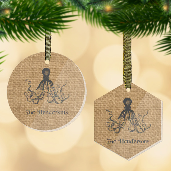Custom Octopus & Burlap Print Flat Glass Ornament w/ Name or Text