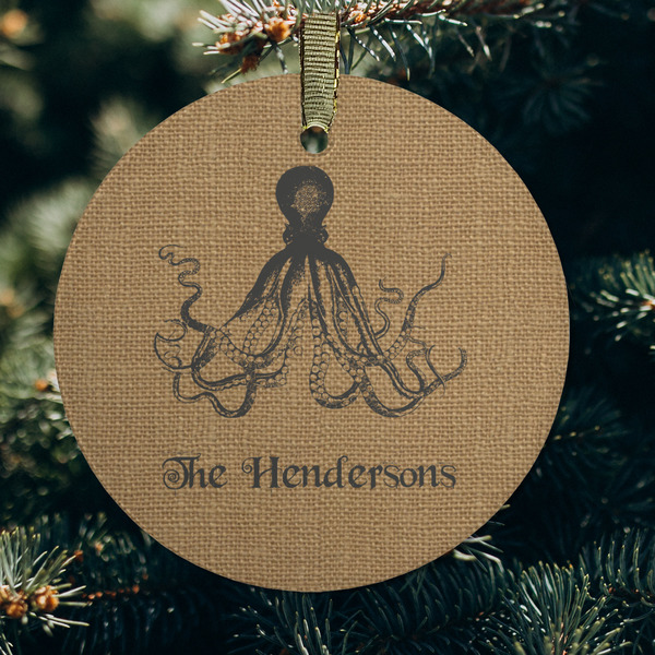 Octopus & Burlap Print Frosted Glass Ornament - Round (Lifestyle)