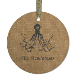 Octopus & Burlap Print Flat Glass Ornament - Round w/ Name or Text