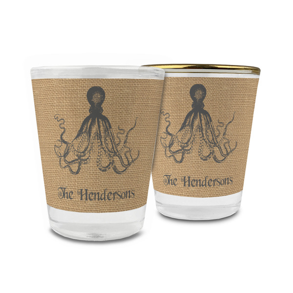 Custom Octopus & Burlap Print Glass Shot Glass - 1.5 oz (Personalized)
