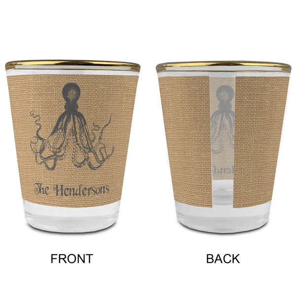 Octopus & Burlap Print Glass Shot Glass - with gold rim - APPROVAL