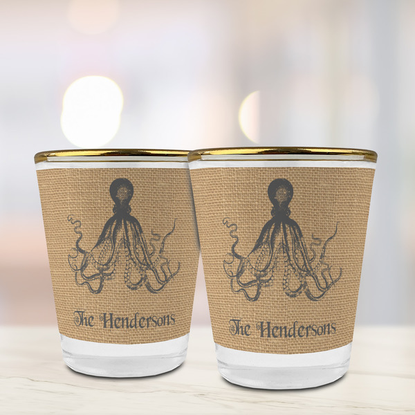 Octopus & Burlap Print Glass Shot Glass - with gold rim - LIFESTYLE