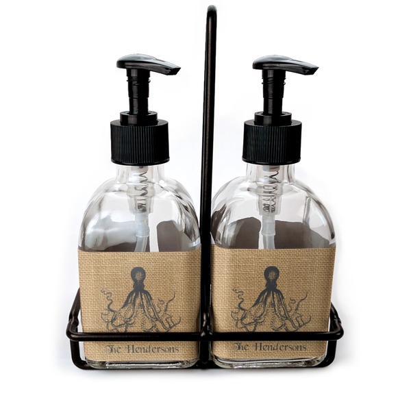 Custom Octopus & Burlap Print Glass Soap & Lotion Bottle Set (Personalized)