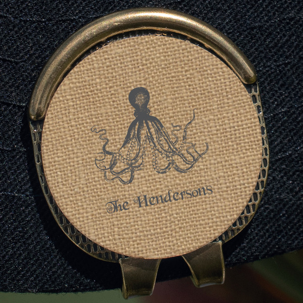 Octopus & Burlap Print Golf Ball Marker Hat Clip - Gold - Close Up
