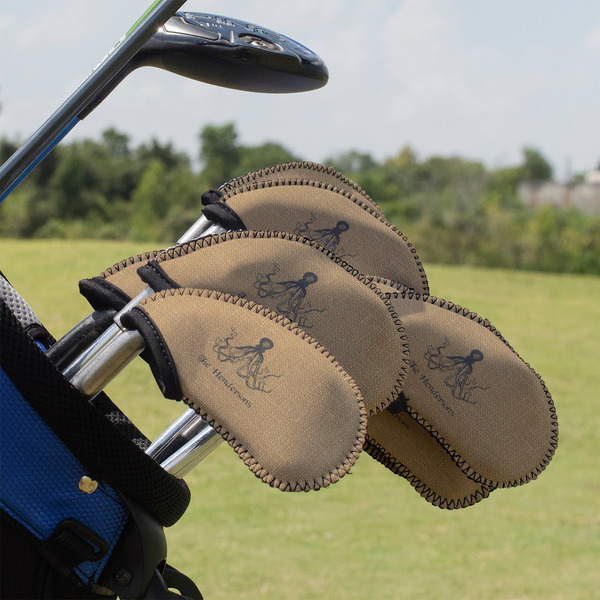 Custom Octopus & Burlap Print Golf Club Iron Cover - Set of 9 (Personalized)