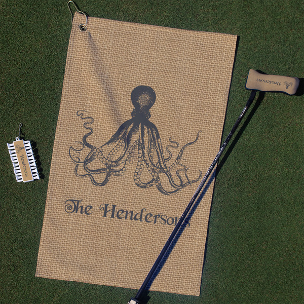 Custom Octopus & Burlap Print Golf Towel Gift Set (Personalized)