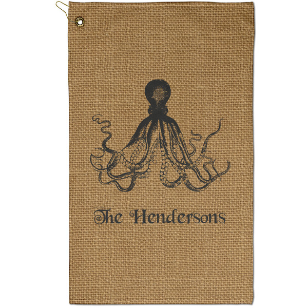 Custom Octopus & Burlap Print Golf Towel - Poly-Cotton Blend - Small w/ Name or Text