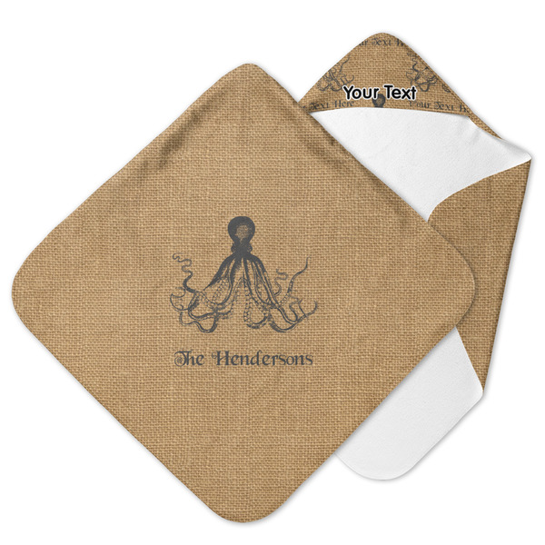 Custom Octopus & Burlap Print Hooded Baby Towel (Personalized)