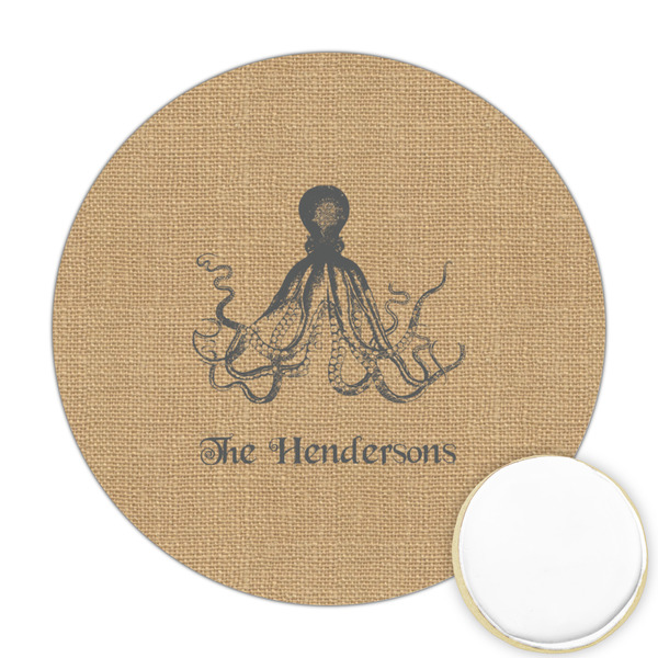 Custom Octopus & Burlap Print Printed Cookie Topper - Round (Personalized)