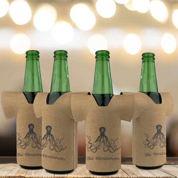 Octopus & Burlap Print Jersey Bottle Cooler - Set of 4 - LIFESTYLE
