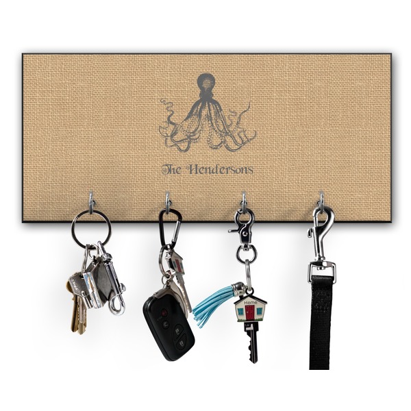 Custom Octopus & Burlap Print Key Hanger w/ 4 Hooks w/ Graphics and Text