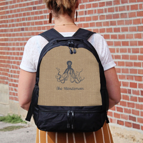 Octopus & Burlap Print Large Backpack - Black - On Back