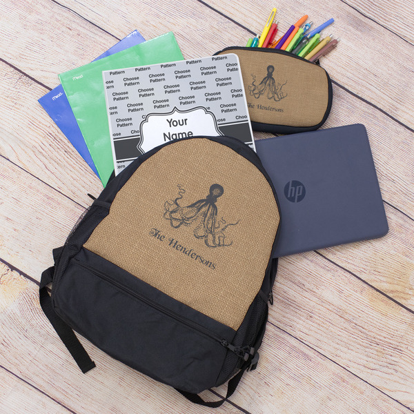 Octopus & Burlap Print Large Backpack - Black - With Stuff