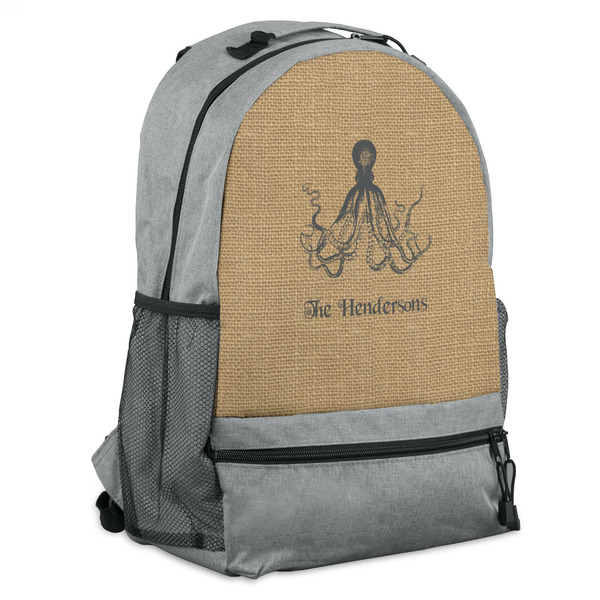 Custom Octopus & Burlap Print Backpack - Grey (Personalized)