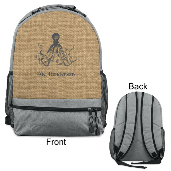 Octopus & Burlap Print Large Backpack - Gray - Front & Back View