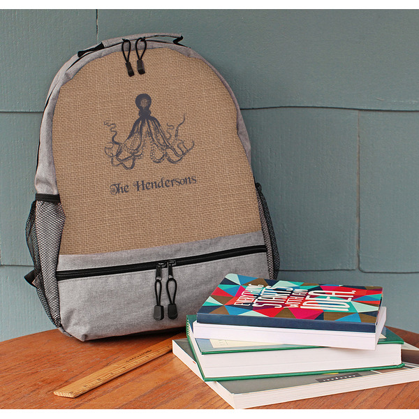 Octopus & Burlap Print Large Backpack - Gray - On Desk