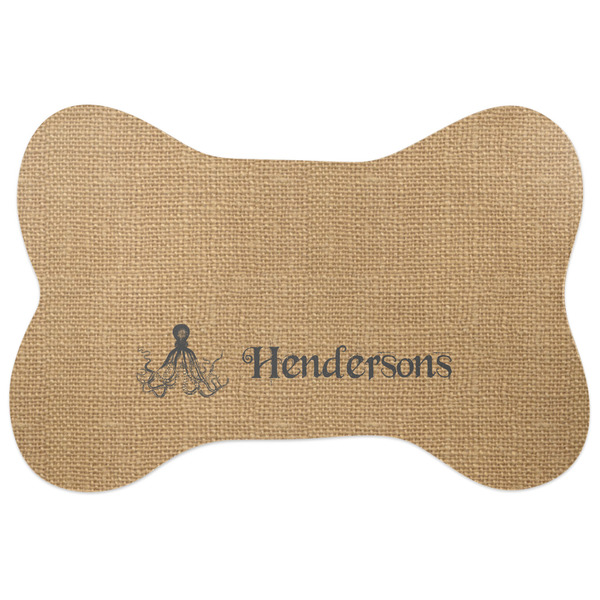 Custom Octopus & Burlap Print Bone Shaped Dog Food Mat (Large) (Personalized)