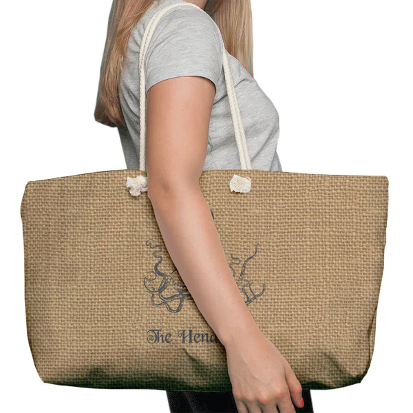 Octopus & Burlap Print Large Rope Tote Bag - In Context View