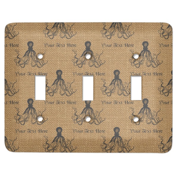Custom Octopus & Burlap Print Light Switch Cover (3 Toggle Plate) (Personalized)