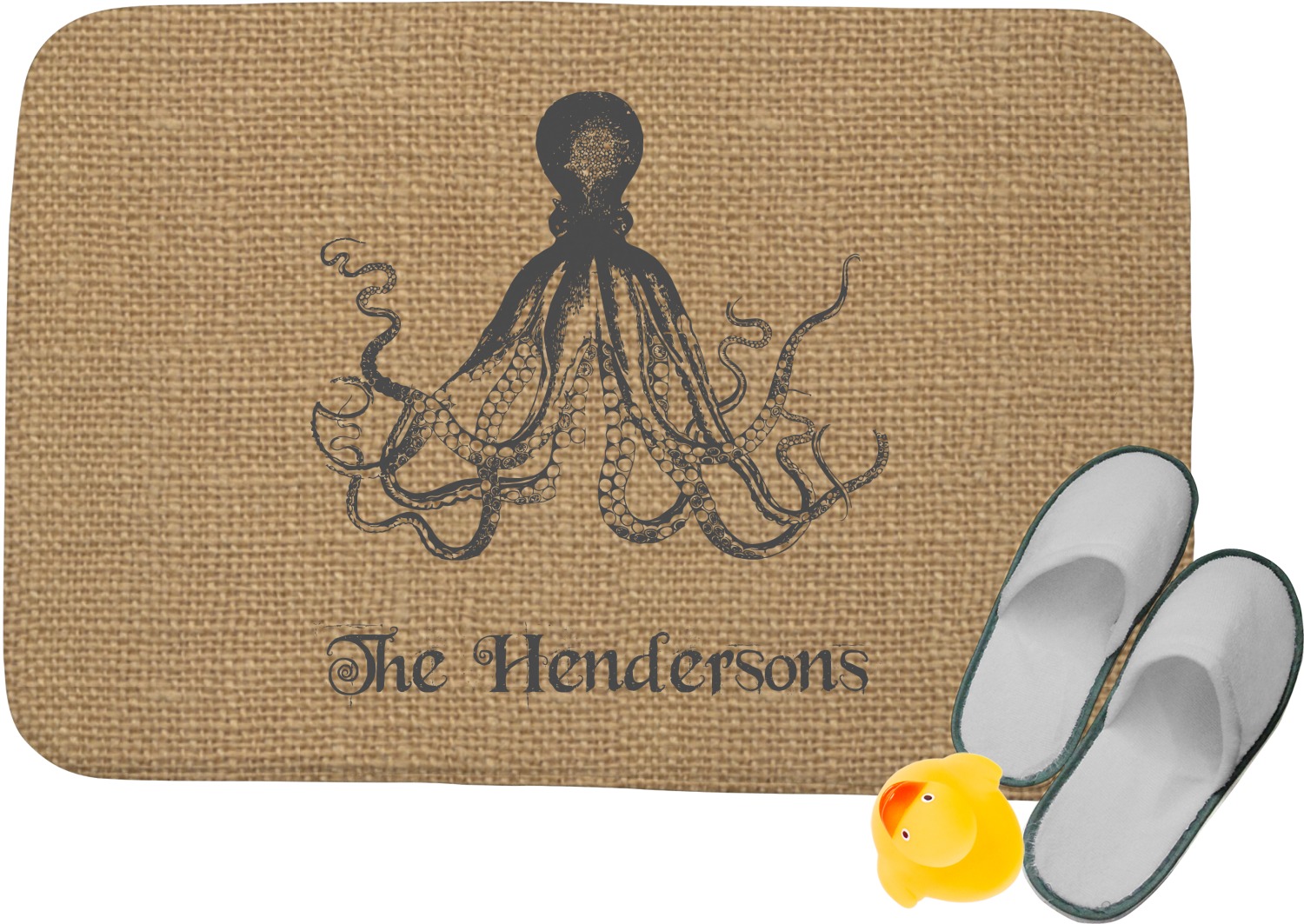 Custom Octopus & Burlap Print Memory Foam Bath Mat (Personalized