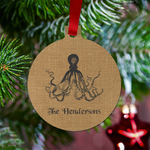 Octopus & Burlap Print Metal Ball Ornament - Lifestyle