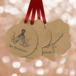 Octopus & Burlap Print Metal Ornaments - Double Sided w/ Name or Text