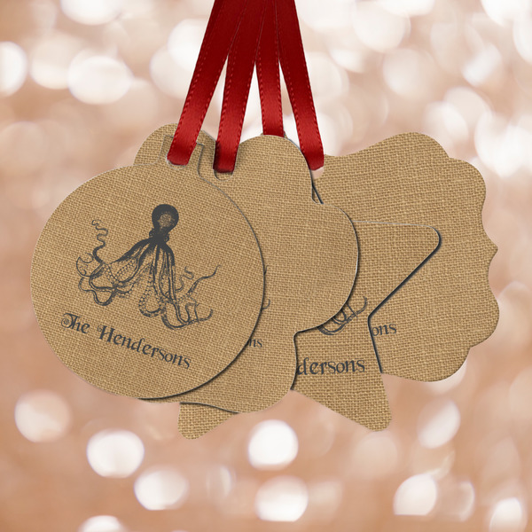 Custom Octopus & Burlap Print Metal Ornaments - Double Sided w/ Name or Text