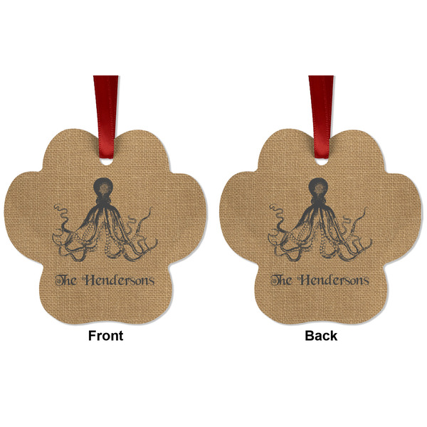 Octopus & Burlap Print Metal Paw Ornament - Front and Back