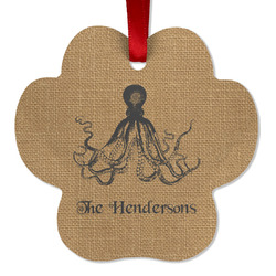 Octopus & Burlap Print Metal Paw Ornament - Double Sided w/ Name or Text