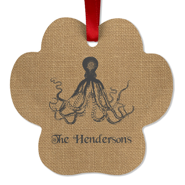 Custom Octopus & Burlap Print Metal Paw Ornament - Double Sided w/ Name or Text