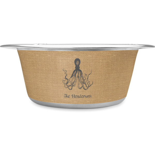 Custom Octopus & Burlap Print Stainless Steel Dog Bowl - Large (Personalized)
