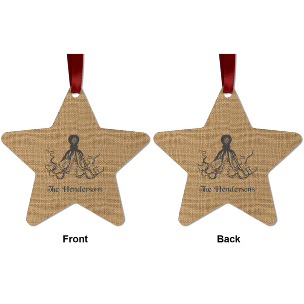 Octopus & Burlap Print Metal Star Ornament - Front and Back