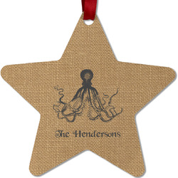 Octopus & Burlap Print Metal Star Ornament - Double Sided w/ Name or Text