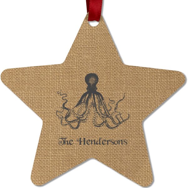 Custom Octopus & Burlap Print Metal Star Ornament - Double Sided w/ Name or Text