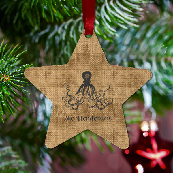 Octopus & Burlap Print Metal Star Ornament - Lifestyle